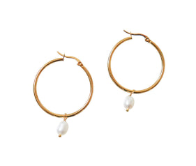 Stainless Steel Gold Plated Hoops With Fresh Water Pearl