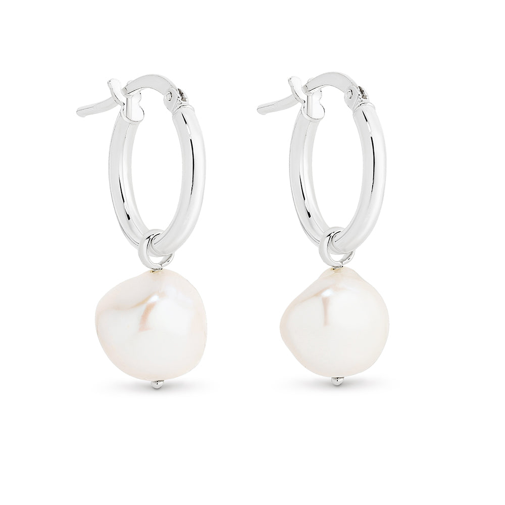 Sterling Silver Hoops With White Keshi Pearls