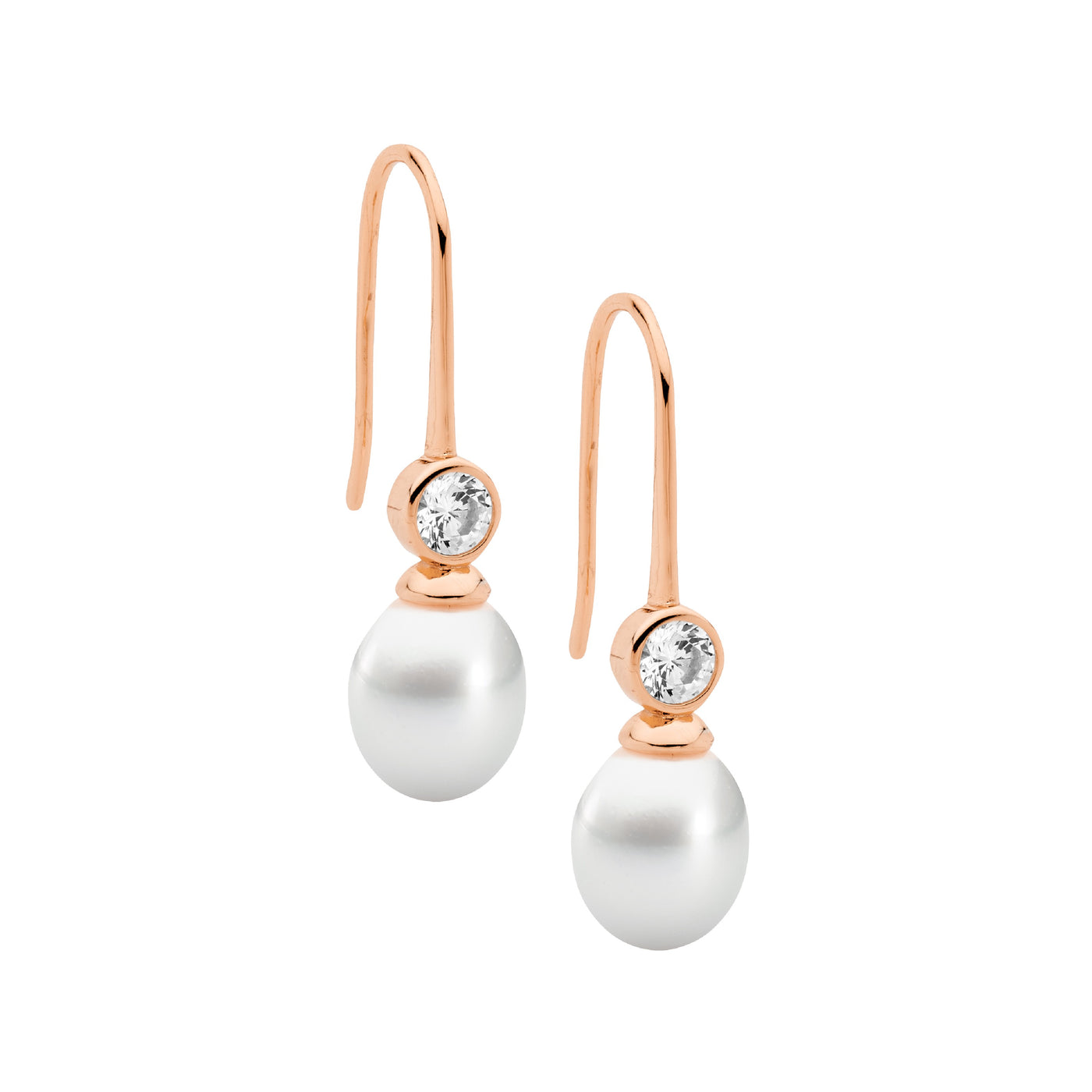 Rose Gold Plate White Freshwater Pearl And Cz Earrings