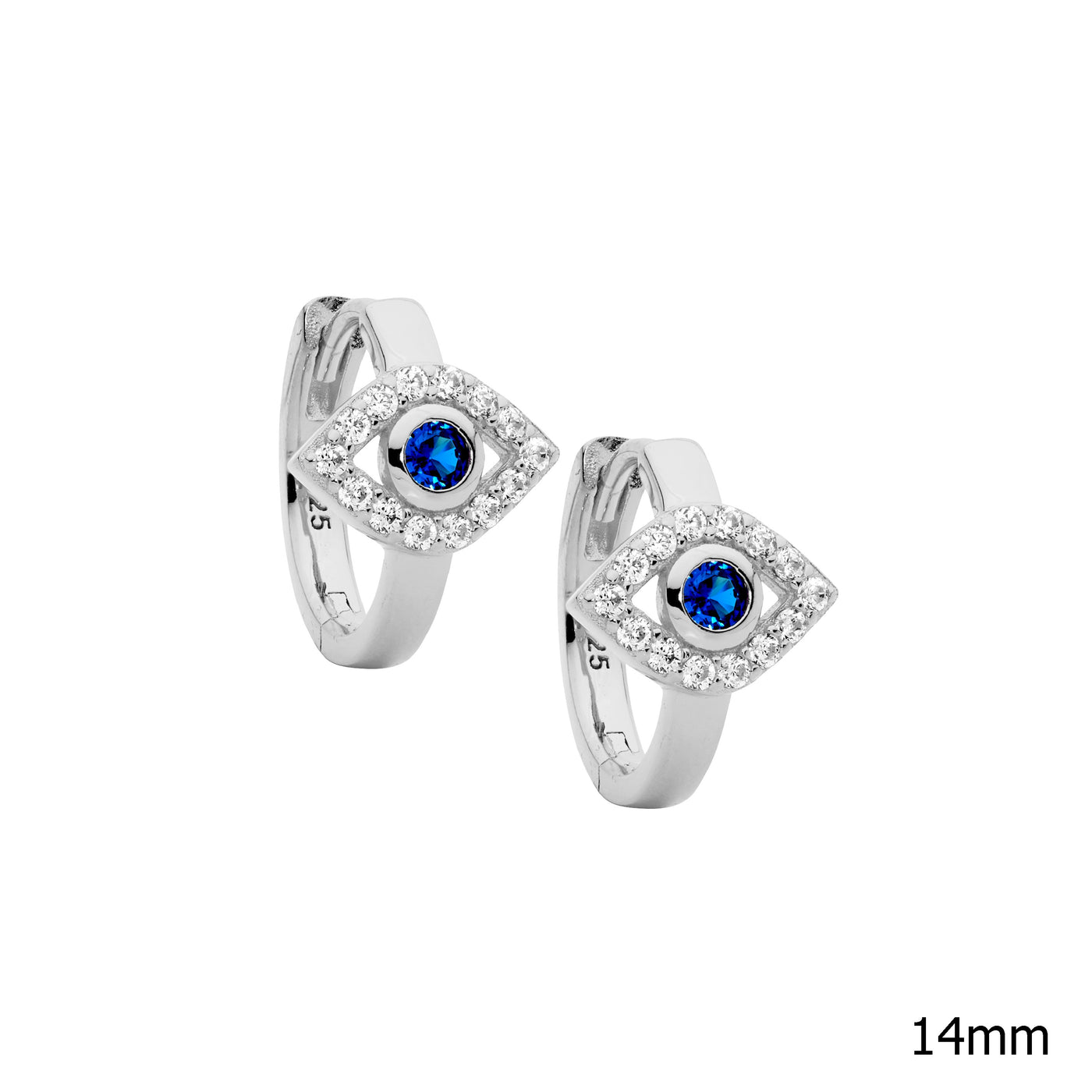 Sterling Silver White And Blue Cz Evil Eye Hoop Earrings