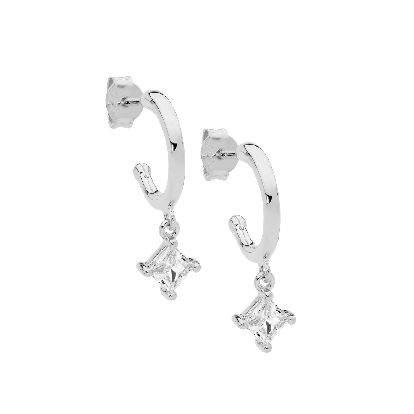 Sterling Silver Hoop Earrings Princess Cut Cz Drop
