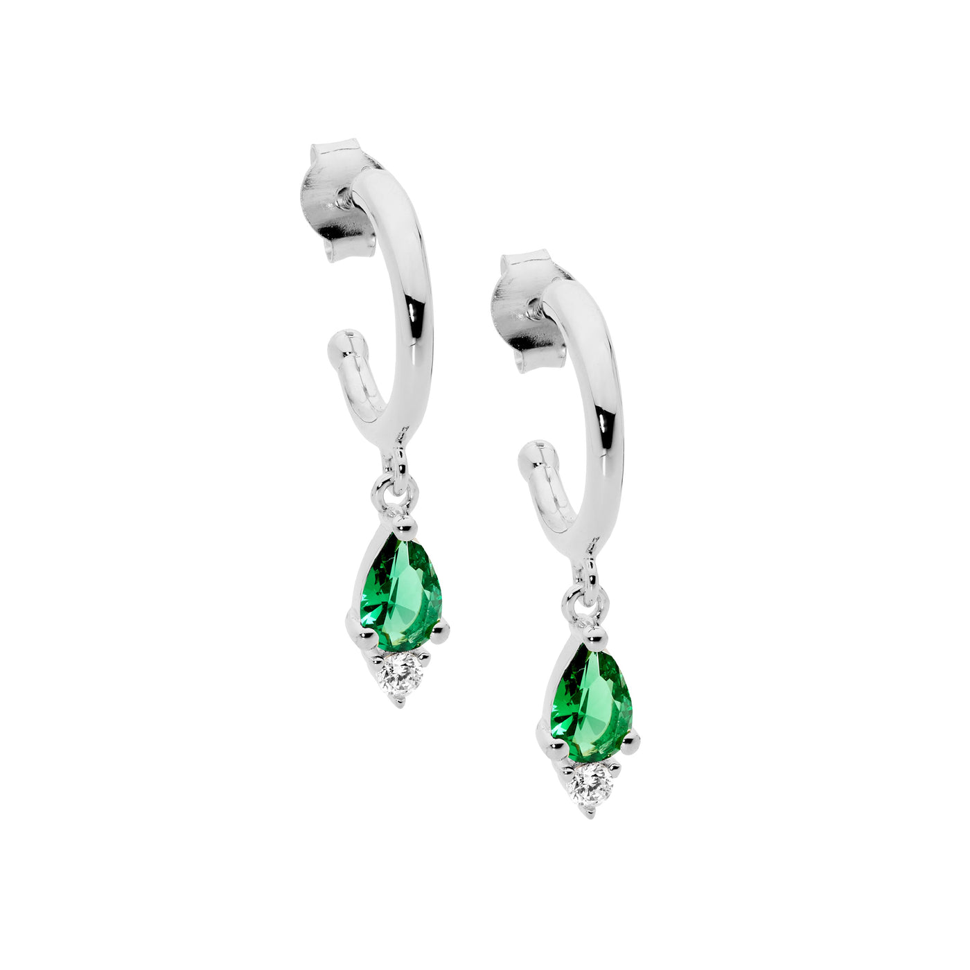 Ellani Sterling Silver Hoop With Green Cz Drop