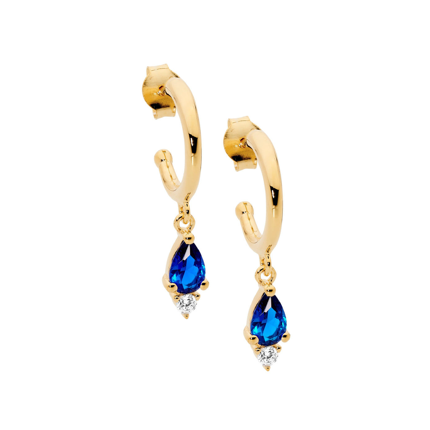 Ellani Sterling Silver Hoops With Yellow Gold Plate And Blue Cz Drop