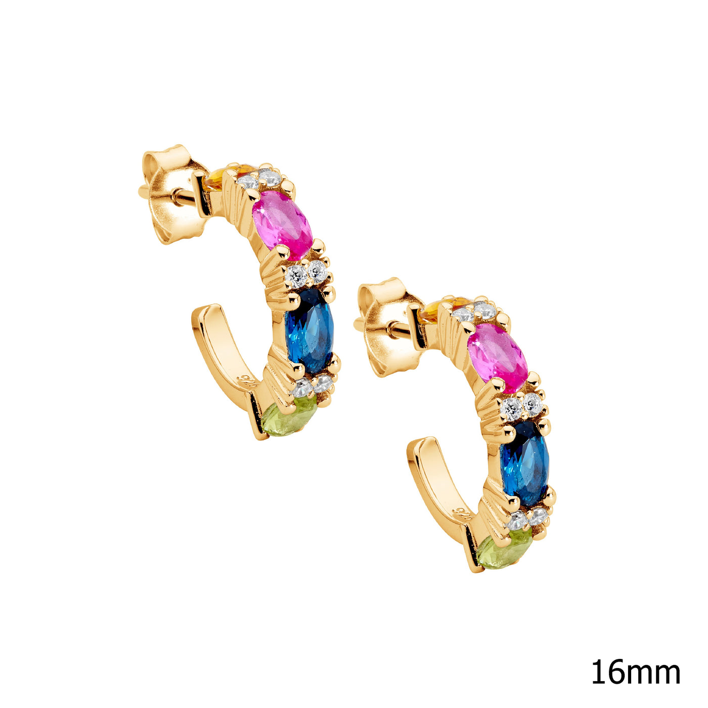 Ellani Sterling Silver Yellow Gold Plated Muti Coloured Cz Hoop Earrings