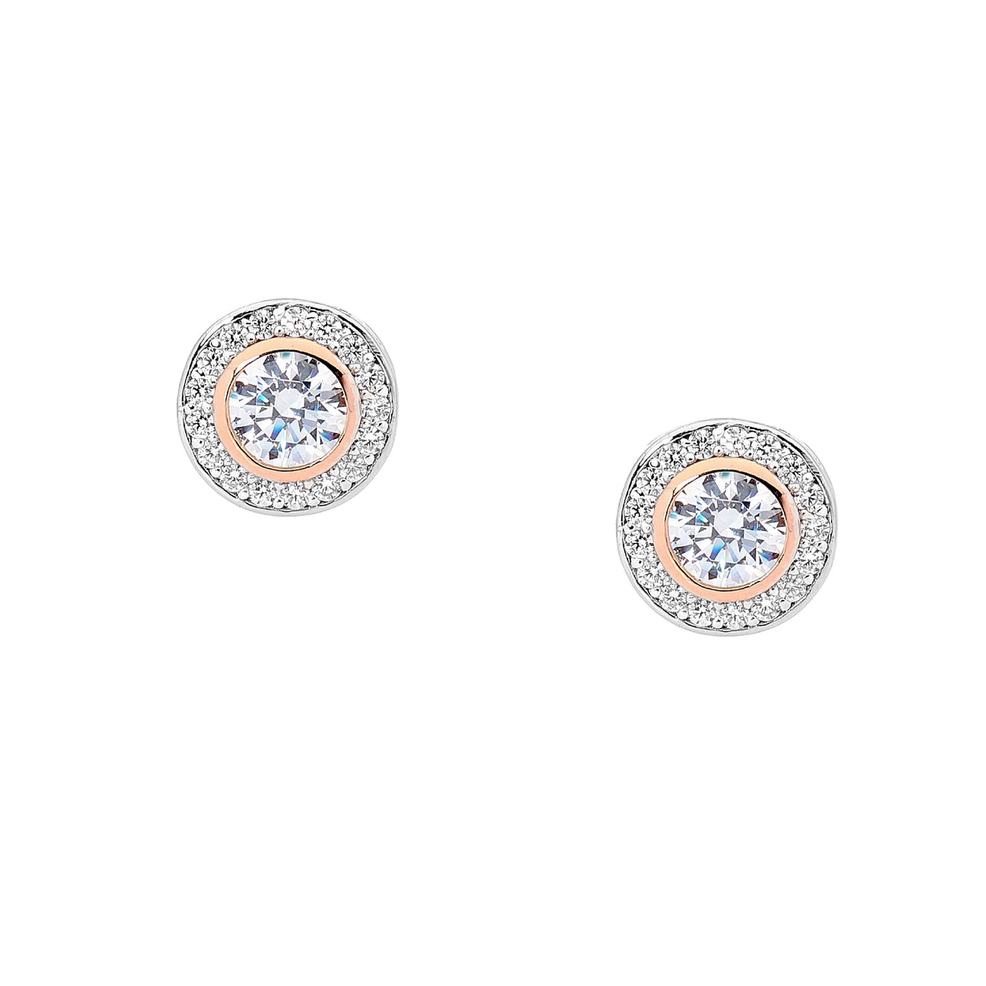 Ellani Sterling Silver Rubover Set Halo CZ Stud Earrings