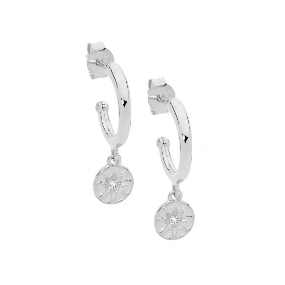 Ladies Ellani Sterling Silver Hoop Earrings With Cz Set Disk E638S