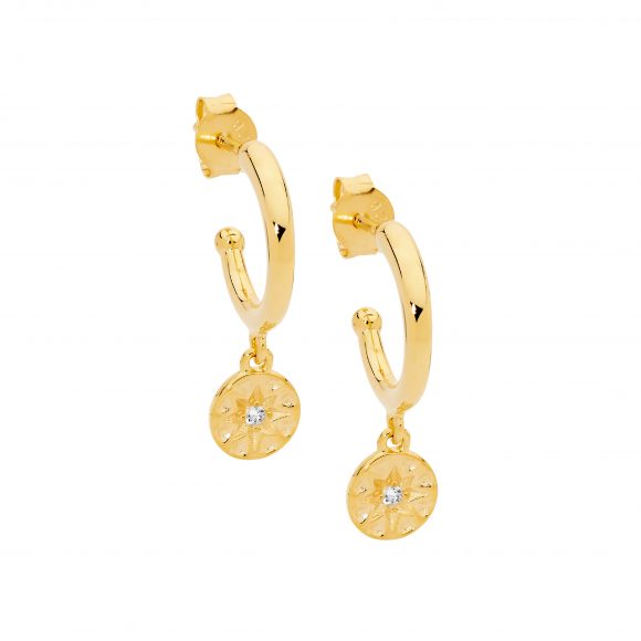 Ladies Ellani Sterling Silver Yellow Gold Plated Hoops With Cz Set Disk E638G