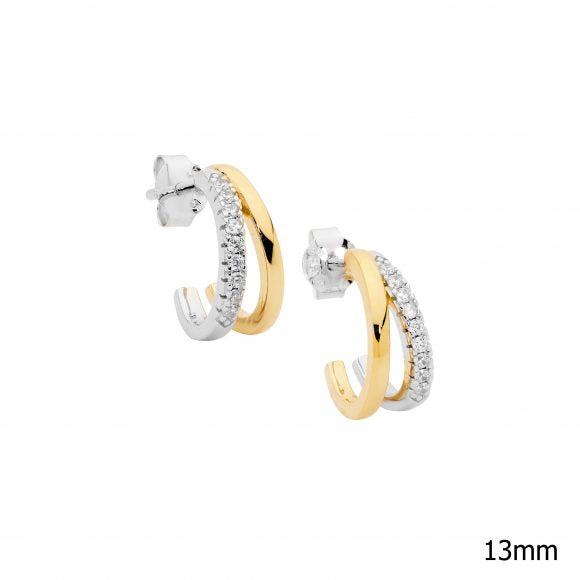 Ladies Sterling Silver With Yellow Gold Plated CZ Double Hoop