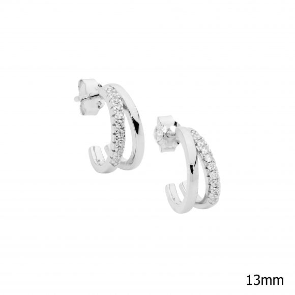 Ladies Ellani Sterling Silver And CZ Double Hoop Earrings E635s