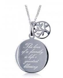Sterling Silver Disc "Family/Love" With Tree Of Life Charm On Chain