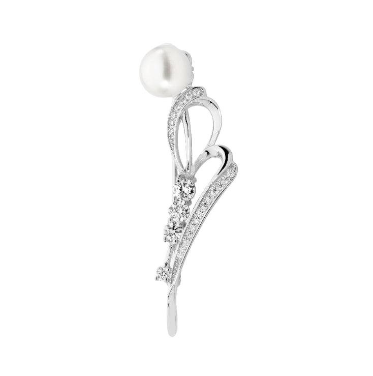 Sterling Silver Freshwater Pearl And Cubic Zirconia Brooch