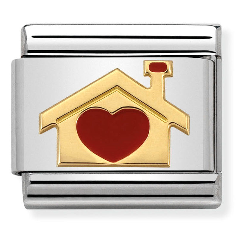 Nomination Composable 030283/07 Steel and 18ct Yellow Gold Enamel House with red Heart