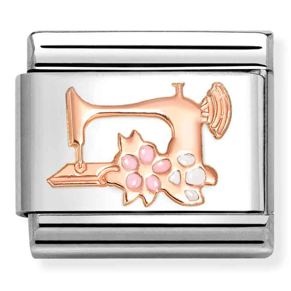 Nomination Composable 430202/28 Sewing machine with flowers 9ct rose gold with enamel