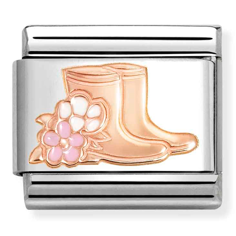 Nomination Composable 430202/20 9Ct Rose Gold Boots With Pink And White Enamel Flowers