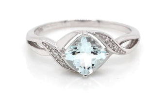 9ct White Gold Aquamarine And Diamond Angled Cushion Cut Dress Ring