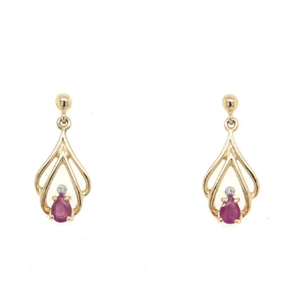 9Ct Yellow Gold Ruby And Diamond Drop Earrings