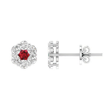 9Ct White Gold Ruby And Diamond Cluster Earrings