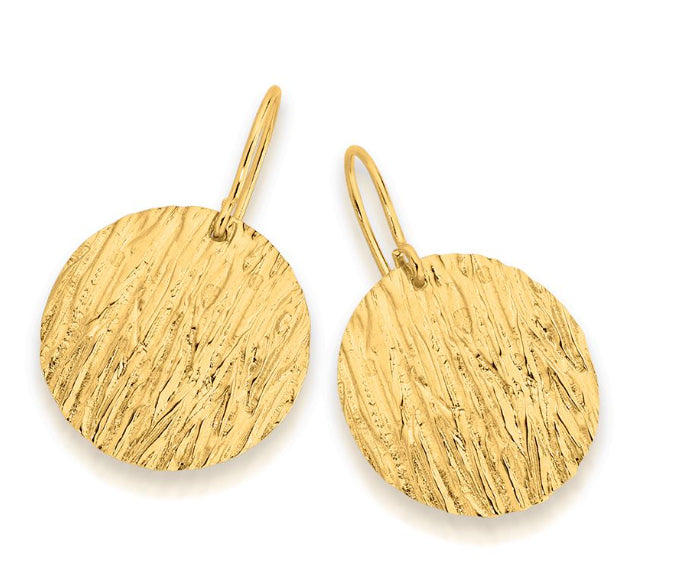 9Ct Yellow Gold Silver Bonded Textured Disk Drop Earrings