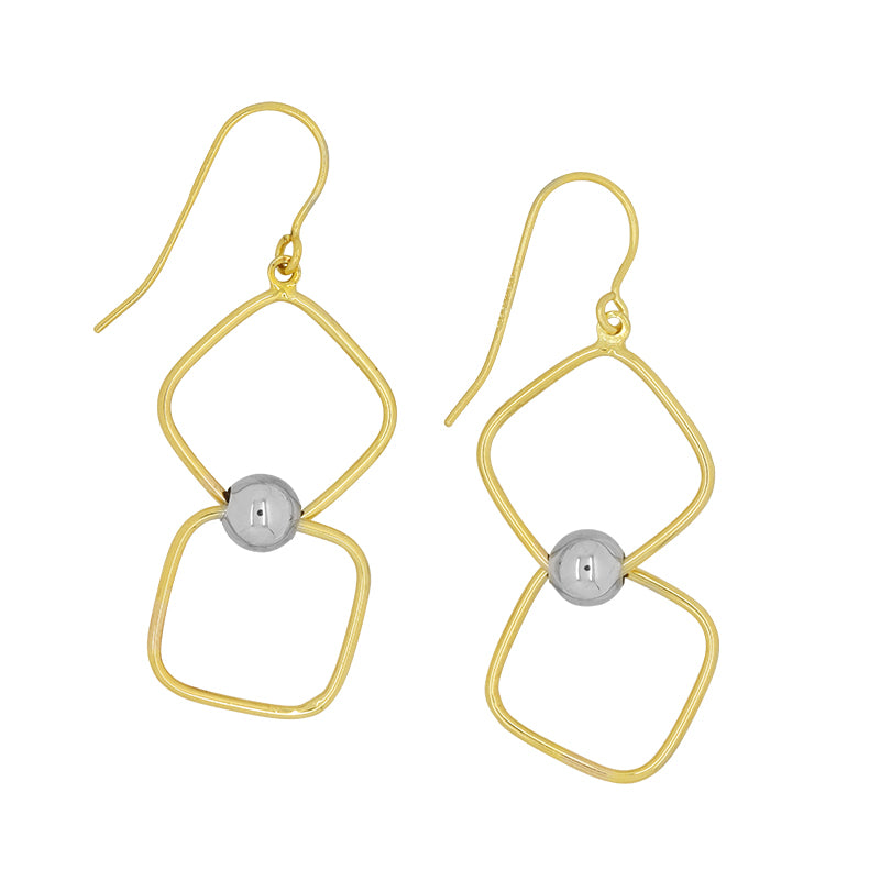9Ct Yellow Gold Double Square Drop Earring With Silver Ball