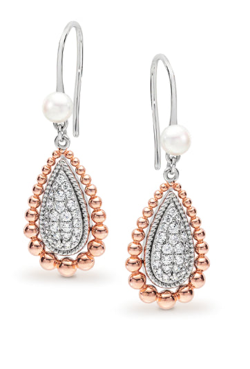 Sterling Silver Rose Gold Plated Freshwater Pearl And Cubic Zirconia Drop Earrings