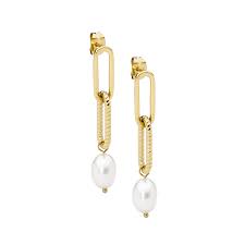 Stainless Steel Gold Plated Paper Clip Earrrings With Fresh Water Pearls