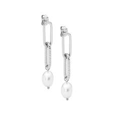 Stainless Steel Paper Clip Link And Freshwater Pearl Earrings