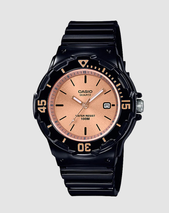 Womans Black And Rose Gold Analogue Watch