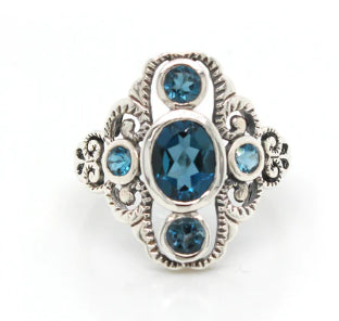 Sterling Silver Antique Style Ring Set With London Blue Topaz