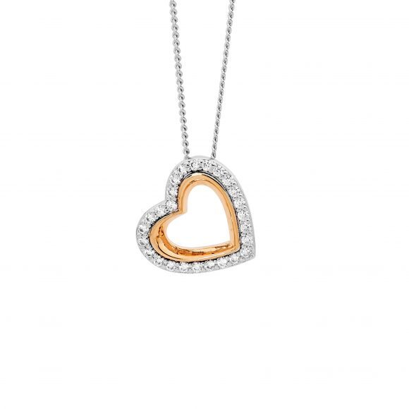 Sterling silver cubic zirconia open heart pendant with rose gold plating cat0631