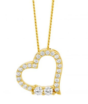 Womans Sterling Silver Gold Plated CZ Open Heart Pendant With 2 Feature CZ