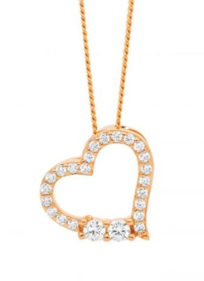 Sterling Silver Rose Gold Plated Cz Open Heart Pendant With 2 Feature Cz