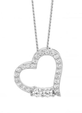 Womans Sterling Silver CZ Open Heart Pendant With 2 Feature CZ