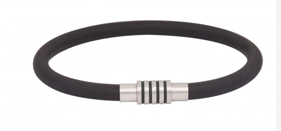 Black Silicon Rubber Bracelet With Ion Plated Black Stripes On Stainless Steel Clasp