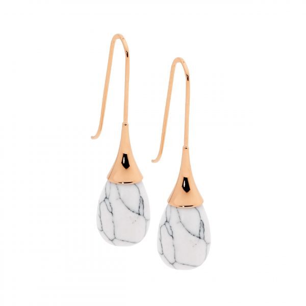 Stainless Steel Howlite Earrings With Rose Gold Plating