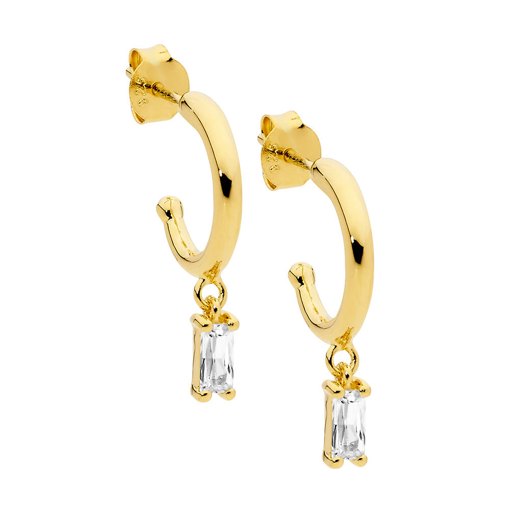 Gold Plated Sterling Silver Baguette Cubic Zirconia Hoops