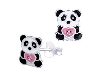 Sterling Silver Enamel Panda Studs With Pink Heart Cubic Zirconias