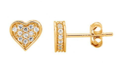 Womans Gold Plated CZ Pave Flat Heart Earrings